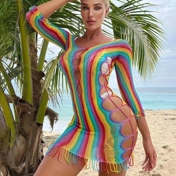Rainbow Color Striped One-Piece Fishnet Dress - Picture 3 of 7